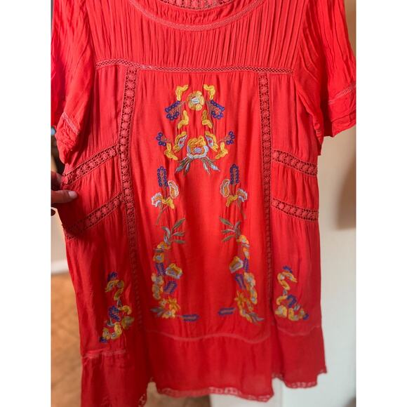 Brass & Roe Orange Short Sleeve Boho Floral Embroidered Crochet Trim Dress M - Picture 2 of 4